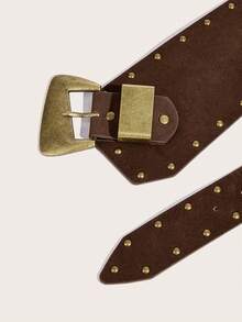 1pc Boho Women's Belt, Western Style Brown Rivet Waist Belt, Wide Belt, Festival Accessories, Vintage Asymmetrical Buckle Rivet Design, Y2K Girl Belt, Matches Coats, Pants, Skirts, Suitable For Casual, Parties, Gatherings, Campus, Music Festivals - Brown - View 4