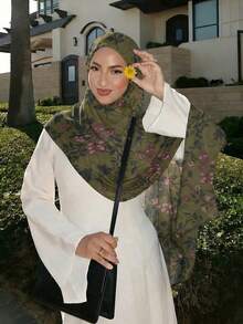 1 Stück Damen Boho-Stil Mode Aquarell Blumenmuster Viskose Schal, Frühling/Sommer Lässig Street Hijab Vielseitiger Schal, geeignet für den täglichen Gebrauch - Olivgrün - Übersicht 2