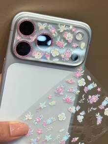 時尚可愛卡通塗鴉愛心蝴蝶結貼紙 透明相機保護膜 相容 iPhone 17 Pro Max 17 Pro 17 16 15 14 13 Pro Max 鏡頭相機保護膜 - 粉紅色花朵 - 查看 6