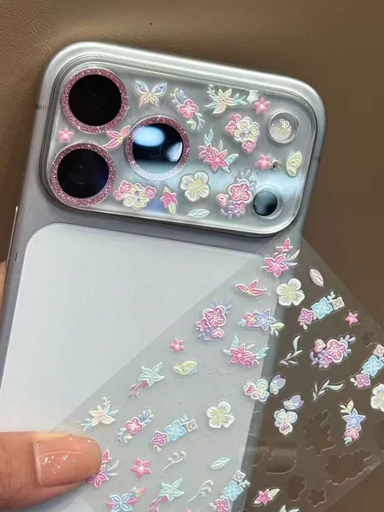 Stylish Cute Cartoon Graffiti Heart Bow Sticker Clear Transparent Camera Protector Film Compatible With IPhone 17 Pro Max 17 Pro 17 16 15 14 13 Pro Max Lens Camera Protector - Pink Flowers - View 5