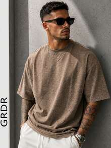 GRDR Men's Solid Color Washed Short Sleeve T-Shirt, Comfortable And Breathable For Summer Wear - Brown - View 2