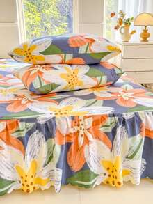 3pcs (1 Bed Skirt, 2 Pillowcases) Floral, Botanical, Striped And Plaid Pattern Printed Bed Skirt With Ruffle Hem, Full Coverage Dust Cover With Elastic Band, Soft And Breathable Bedding Set, Bohemian Style Soft Skin-Friendly Bedding Set Suitable For Bedroom Use, 3-Piece Set With Pleated Bed Skirt And 2 Pillowcases - Orange Flower Language - View 6
