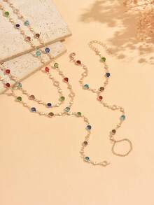 3pcs/Set Luxury Elegant Colorful Rhinestone Finger Chain & Necklace Set, Vintage Women's Neck & Hand Jewelry, Suitable For Daily Wear, Dating And Party, Chain Length Cut By Sections, Random Color Arrangement Of Rhinestones - Multicolor - View 3