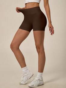 TimeOff Women's 1pc Solid Color High Waist Ribbed Waistband Ruched Back Athletic Shorts - Mocha Brown - View 6