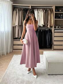 Floreya纯色休闲优雅梭织面料拉链连衣裙，适合晚宴约会、派对、婚礼、春夏粉色 - 粉色 - 查看 3