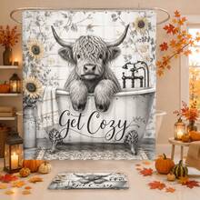 1pc/4pcs Vintage Bathtub Highland Cow Pattern Multi-Functional Bathroom Decor Shower Curtain Set, Free 12 Hooks, Premium Holiday Atmosphere, Bathroom Mat, U-Shaped Bath Mat And Round Toilet Lid Cover, Suitable For All Scenes Decoration, Bathroom Set - Bathtub Highland Cow - View 2
