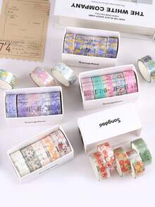 5 Rolls Of Boxed Floral Pattern Handbook Tape, Transparent Waterproof PET Tape, Personalized Fresh Student Handmade DIY Scrapbook Decoration Material Tape,Back To School,School Supplies - Sets - View 6