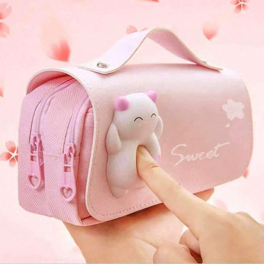 1-Piece Set. Cute, Multifunctional, Large-Capacity Puff Pastry Bear-Shaped Stress-Relieving Pencil Case For Elementary School Students. Suitable For School, Pencil Bags, Backpacks, And Stationery Supplies.,Back To School - Multicolor - View 1