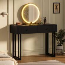 Escritorio moderno de vanidad led con espejo iluminado, mesa de vanidad de maquillaje de iluminación de 3 colores ajustable con 2 cajones de almacenamiento, mesa de vestidor de marco de metal resisten - Negro - Ver 7
