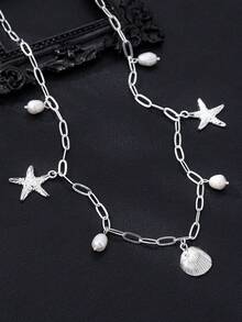 1pc Starfish Shell Pearl Necklace, Summer Beach Vacation Style Collarbone Chain, Niche Design Silver Chain Accessory - Silver - View 5