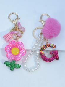 1pc Resin Starry Sky Epoxy Letter Keychain With Black Fur Ball Tassel Decor, Heart Pendant Gift For Friend And Mom - Hot Pink - View 31