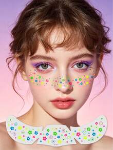 2 piezas Pegatinas de tatuaje de pecas con flores que brillan en la oscuridad y neón, pegatinas faciales florales que brillan en la oscuridad, tatuajes de pecas, tatuajes falsos para fiestas y uso diario - Multicolor - Ver 5