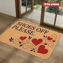 1pc Brown Background Red Heart Vine Print Shoes Off Please Doormat, Soft Pastoral Style Flannel Rounded Rectangle Rug, Symmetrical Scroll Leaf Design With 4 Red Hearts, Non-Slip Dust-Absorbing Water-Absorbent Entrance Mat, Suitable For Wedding Room, Entryway, Living Room, Indoor, All Season Daily Home Use - Multicolor - View 6
