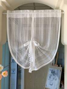 1件公主風繫帶窗簾－白色條紋刺繡蕾絲布料，底部白色流蘇飾邊，繫帶設計，四季適用，復古法式薄紗窗簾，適用客廳、廚房、浴室、婚禮派對裝飾 - 白色 - 查看 1