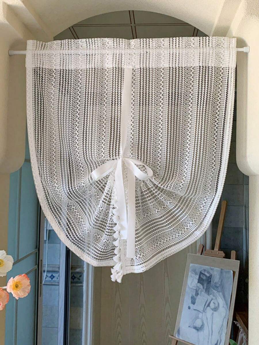 1件公主風繫帶窗簾-白色條紋刺繡蕾絲布料,底部白色流蘇飾邊,繫帶設計,四季適用,復古法式薄紗窗簾,適用客廳、廚房、浴室、婚禮派對裝飾 - 白色 - 查看 1