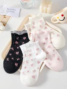 4 pares de calcetines invisibles de moda para mujer con estampado floral, calcetines de tobillo con ribete de encaje, calcetines tipo barco, calcetines minimalistas suaves y transpirables, calcetines blancos, adecuados para uso diario casual, adecuados para primavera, verano y todas las estaciones - Multicolor - Ver 3