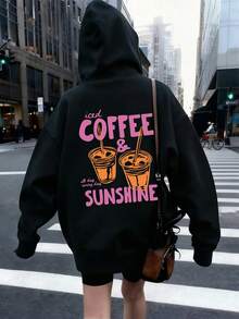 Women's Hooded Sweatshirt, Autumn/Winter New Iced Coffee Pattern And Letter Print, Drawstring Design, With Pockets, Casual Versatile Loose Fit Top, Fashionable Daily Wear - Black - View 2
