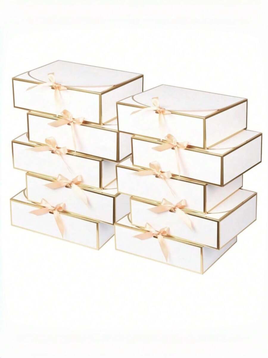 10pcs White Gold Rim Gift Boxes, 10.6 X 7.8 X 3.1 Inches (Approx. 27 X 20 X 8 Cm), With Ribbon Bridesmaid Invitation Boxes, With Lid Gift Boxes, For Mother's Day, Wedding, Birthday Party, Anniversary - White - View 1