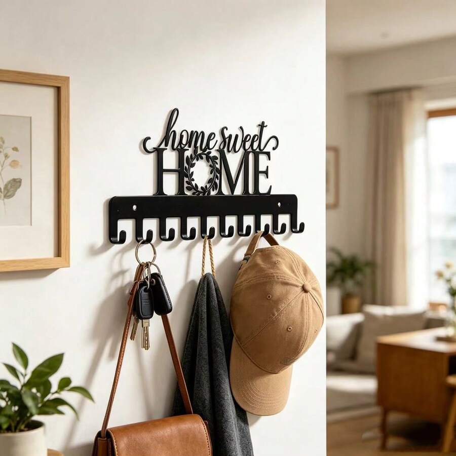 Warm Home Sweet Home Iron Wall Decor Hooks, New Home Moving Gift Wall-Mounted Coat Rack, Home Entryway Key & Bag Storage Hooks, Creative Metal Multi-Hook Organizer, Halloween, Holiday, Home Decor Item - View 1