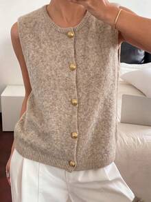1pc Minimalist Solid Color Gentle Vibe Single-Breasted Metal Button Knit Vest, Casual Tops For Women, Round Neck Fashionable Sweater - Khaki - View 9