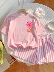 2件組女童幼兒可愛簡約清新花卉印花休閒短褲套裝 - 彩色 - 查看 2