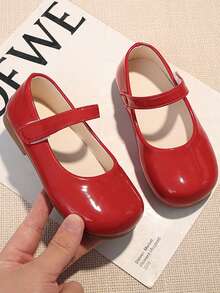 1 Pair Kids Fashion Solid Color Patent Leather PU Hook And Loop Mary Jane Shoes, Suitable For School, Banquet, Party, All Seasons - Red - View 4