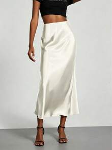 Plus Size Solid Color Satin Elegant Long Skirt For Vacation, Evening Party And Wedding White - White - View 3