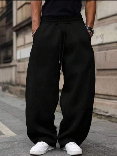 Men's High-Waist Drawstring Wide Leg Patchwork Sweatpants, Solid Color No Print, Deconstructed Contrast Stitching, American Streetwear Casual Sports Long Pants, Suitable For Court, Game Watching, Daily Commute, Spring Autumn All Seasons, Boyfriend Gift Item