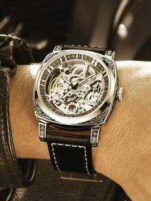 Herren-Armbanduhr in Schwarz aus Zinklegierung, Business-Stil, leuchtend, graviert, Automatik-Tourbillon, skelettiert, mechanisch - Schwarz - Übersicht 4