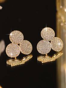 1 Pair Fashion Gold Three-Ring Clover Cubic Zirconia Stud Earrings For Women, Wedding Birthday Anniversary Gift, Daily Decor Copper Earrings - Yellow Gold - View 8