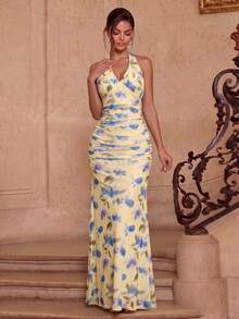 XUCTHHC Robe de soirée élégante avec imprimé floral élastique en maille sans manches, ourlet sirène, robe de bal formelle, robe d'invitée de mariage, remise des diplômes, festival, automne - Multicolore - Voir 1