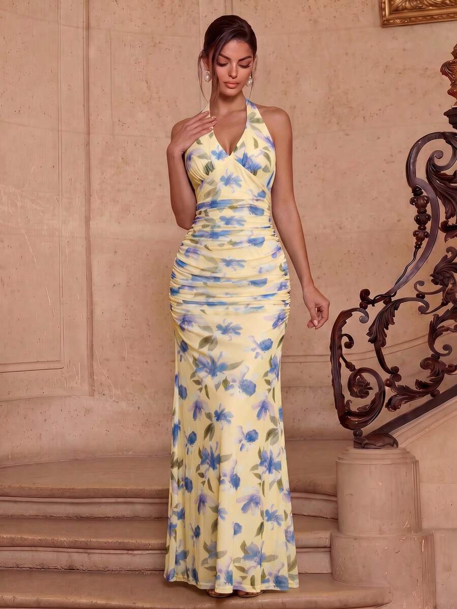 XUCTHHC Robe de soirée élégante avec imprimé floral élastique en maille sans manches, ourlet sirène, robe de bal formelle, robe d'invitée de mariage, remise des diplômes, festival, automne - Multicolore - Voir 1