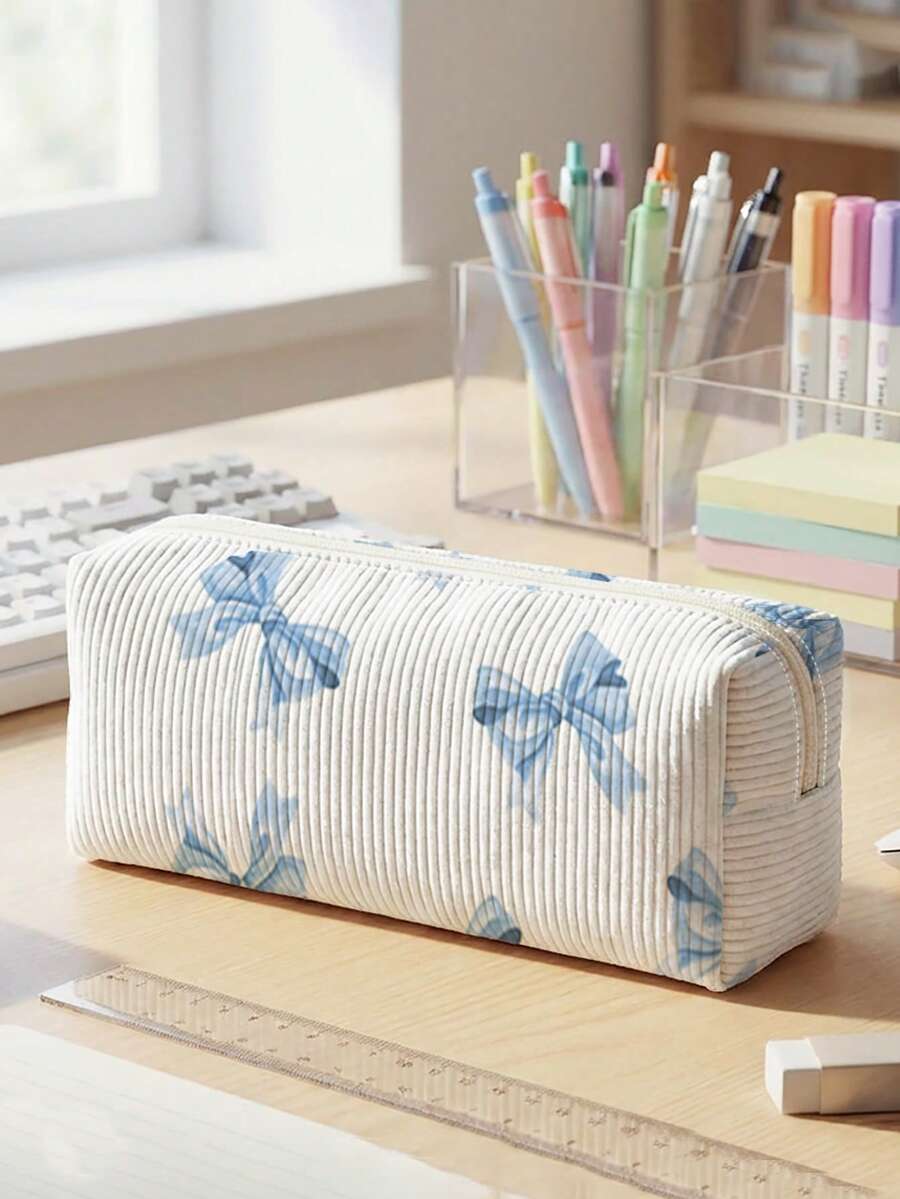 1pc Pencil Case, Stationery Storage Bag, Corduroy Material Bowknot Print Large Capacity Pencil Case For Teenagers, Multi-Function, First Day Of School - Multicolor - View 1