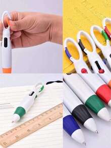 6pcs Retractable Shuttle Pens, 4-In-1 Fluorescent Ballpoint Pens With Ring Cap, Paired With Multi-Color Keychain, Suitable For Office, Study, Students And Various Occasions, Ideal Gift - A - View 4