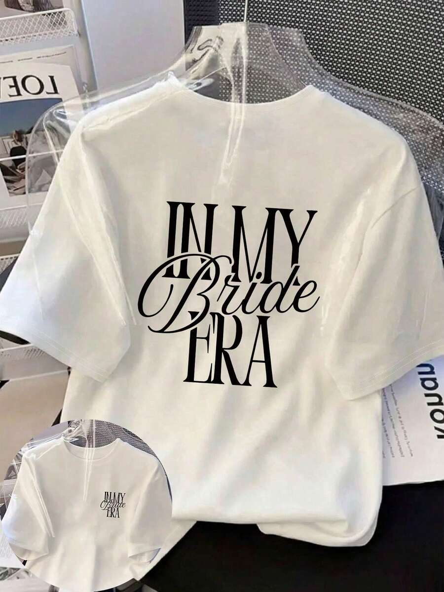 Women's White Short Sleeve Crew Neck T-Shirt With Girlfriend Quotes, Casual Style For Spring, Autumn, Winter And Valentine's Day - White - View 1