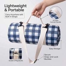 80x 83 Large Picnic Blanket Waterproof Sandproof, Foldable Outdoor With Premium Canvas Strap Beach - Blue Gingham - View 4