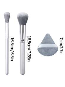 3PCS Makeup Brush&Makeup Puff Set,Large&Small Dome Blush Brushes,For Even Blush, Glow Highlight&Setting Powder Application,Silver Wooden Handle - Silver - View 9