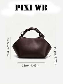 Minimalist Ruched Leather Handbag With Twisted Top Handle, Adjustable Shoulder Strap Soft Pouch Design, Fashion Versatile Crossbody Bag For Work Party - Coffee - View 2