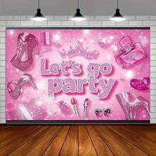 1pc Pink Glitter Party Backdrop Banner With "Let's Go Party" Text, High Heels And Crown Design - Durable Shiny Decoration For Birthday, Photo Booth, Indoor And Outdoor Celebrations - Multicolor - View 5