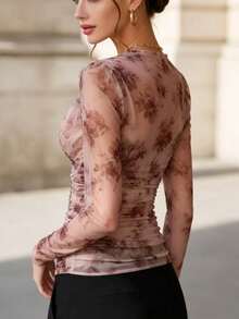 Autumn/Winter French Floral Sexy Thin Semi-Sheer Fitted Cold Shoulder Print Top - Multicolor - View 5