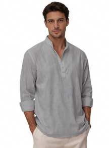 Men's Cotton Linen Long-Sleeved Shirt - 灰色 - 查看 7