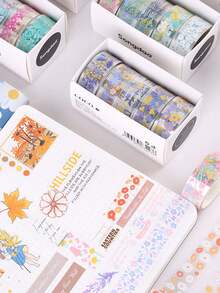 5 Rolls Of Boxed Floral Pattern Handbook Tape, Transparent Waterproof PET Tape, Personalized Fresh Student Handmade DIY Scrapbook Decoration Material Tape,Back To School,School Supplies - Sets - View 4