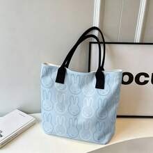Miniso Miffy Rabbit Line Print Canvas Tote Bag Pink Handle Large Capacity Shoulder Handbag For School Shopping Daily Travel - White - View 5