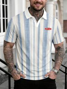 Camisa polo de verano para hombre con estampado de rayas de color contrastante y cuello acanalado, versátil - Multicolor - Ver 4