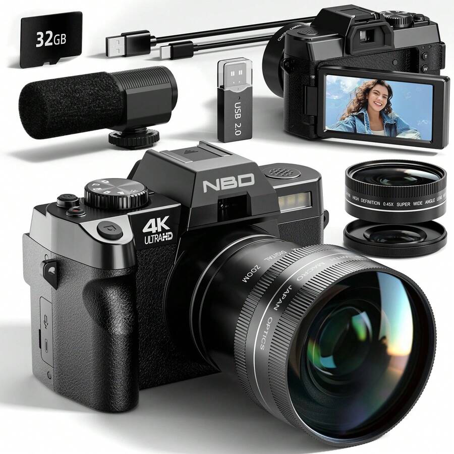 NBD Black Digital Camera 48MP 4K Video Camera 3.0 Inch Flip Screen Camcorder Vlogging Camera With Wide Angle Lens And 16X Digital Zoom Photography Camera (Black) - Black - View 1