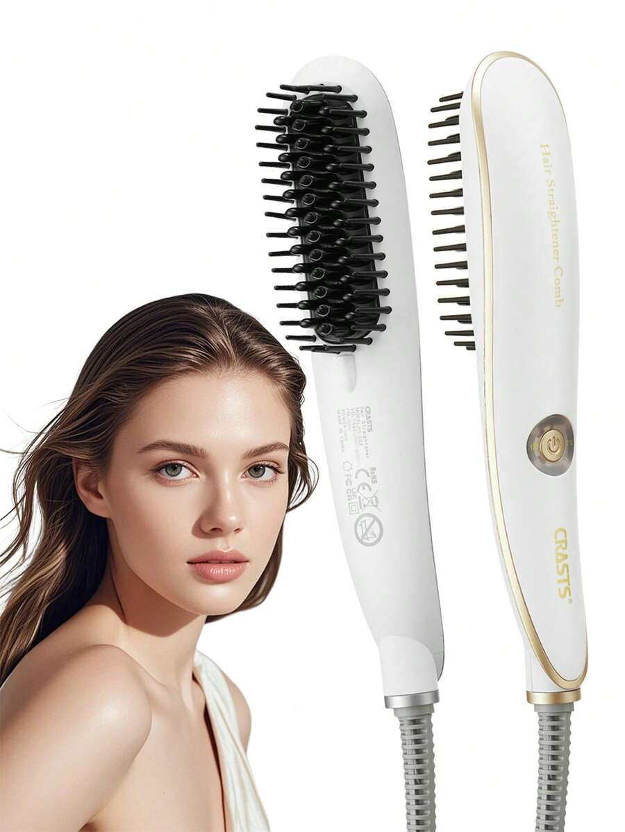 CRASTS Straightening Comb Hair Straightener Styling Brush For Home Use, Volumizing Hair Care, Inward Curl, Dry Hair - White - View 1
