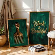 2pcs Emerald Green & Gold African Culture Canvas Wall Art, Featuring Gold Fist African Comb Sculpture And "Black Is Beautiful" Calligraphy Text, Thick Textured Oil Painting Style, Suitable For Living Room, Salon And Home Interior Meaningful Cultural Wall Decor - A - View 4