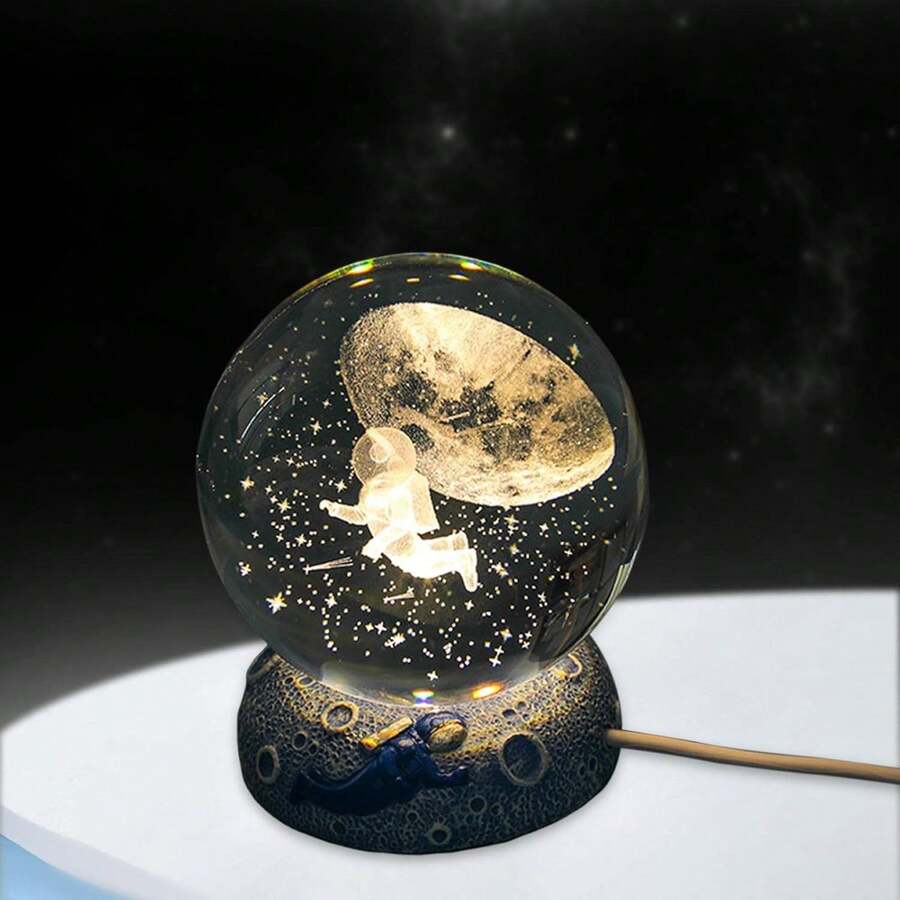 Lámpara de Noche Bola de Cristal con Base de Resina, Luz Decorativa Astronauta y Luna, Regalo de Navidad para Hogar - Cielo - Ver 1