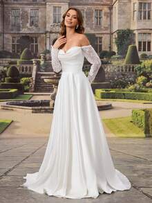 HEARBOBO Vintage Off-Shoulder Wedding Dress, Long Bridal Gown With Exquisite Lace Embroidery And Half Sleeves Fall White - White - View 9