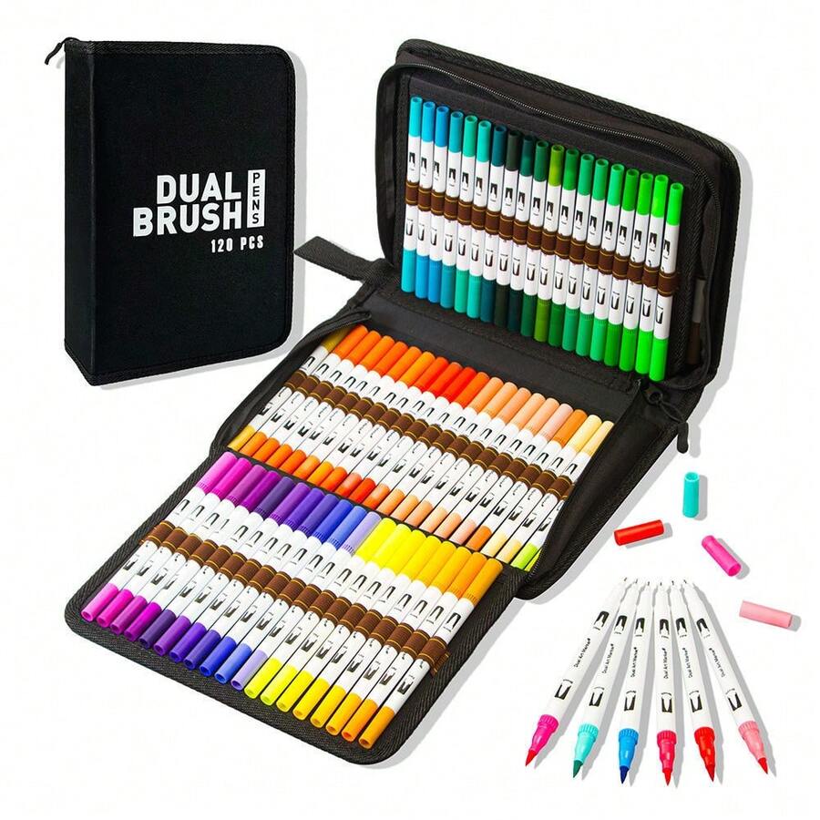 Tongfusop Drawing Pens, Black Pouch 120 Colors Fine Tip Pens, Dual Tip, Professional Watercolor Pens For Adult Painting, Calligraphy, Bullet Journaling, Giftable, Back To School Essential